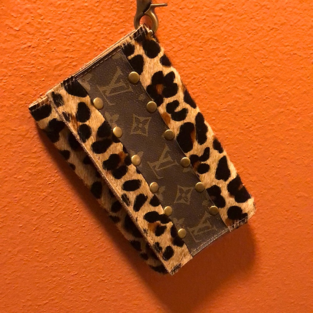 Leopard cowhide real leather wristlet with Louis Vuitton print on front
